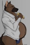 anthro belly belly_fur big_belly big_butt blue_clothing blue_underwear brown_body brown_fur bulge butt clothed clothing eyewear food fur glasses grey_background male mature_anthro mature_male navel open_clothing open_shirt open_topwear overweight overweight_anthro overweight_male partially_clothed sandwich_(food) shirt simple_background solo thick_thighs topwear underwear sheppyduke duke_(sheppyduke) canid canine canis domestic_dog german_shepherd herding_dog mammal pastoral_dog hi_res