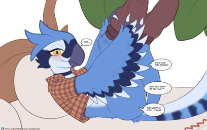 anthro anus beak blue_body blue_feathers breasts choker claws crossgender feathers female flannel genitals jewelry legs_up looking_at_viewer necklace smile solo tail text vulva winged_arms wings yellow_eyes quangdoann amber_isle harley_humfeather dinosaur feathered_dinosaur feathered_scalie prehistoric_species reptile scalie english_text hi_res