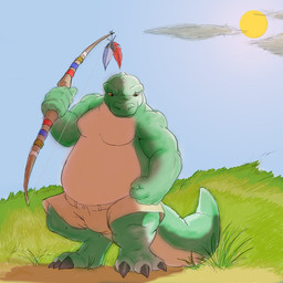 anthro bottomwear bow_(weapon) claws clothing cloud day feathers grass green_body male musclegut muscular outside plant ranged_weapon shorts smile solo standing sun tail tan_body weapon pandottermon alligator alligatorid crocodilian reptile scalie 1:1 colored