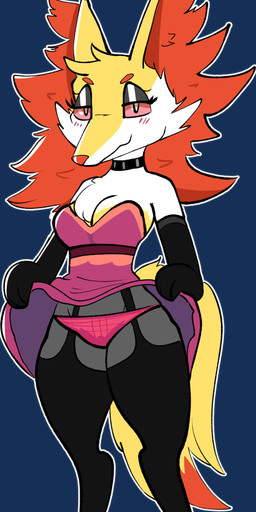 breasts clothed clothing clothing_lift dress dress_lift female leggings legwear lingerie panties pink_clothing pink_panties pink_underwear presenting presenting_panties presenting_underwear strapless_clothing strapless_dress teasing underwear upskirt goopyarts nintendo pokemon braixen generation_6_pokemon pokemon_(species) alpha_channel hi_res