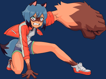 anthro blue_hair bottomwear clenched_teeth clothing eyebrows female footwear gorilla_arm hair jacket red_clothing red_jacket red_topwear shirt shoes shorts tail teeth topwear emiladylbekuulu brand_new_animal studio_trigger michiru_kagemori canid canine mammal raccoon_dog tanuki 4:3 hi_res