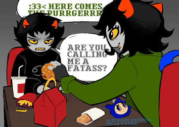 :3 blue_tail burger clothing container cup dark_hair dialogue disposable_cup duo eyelashes fangs female fingerless_gloves food fries furniture gloves green_clothing green_jacket green_topwear grey_background grey_body hair handwear horn jacket long_sleeves looking_at_another male shirt short_hair simple_background speech_bubble table tail teeth text topwear yellow_sclera yellow_teeth kociakarma happy_meal homestuck mcdonald's ms_paint_adventures karkat_vantas nepeta_leijon alien humanoid labubu troll_(homestuck) artist_name english_text