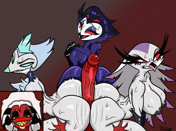 angry anthro big_breasts big_butt big_penis blue_body blue_eyes blue_fur blue_hair bodily_fluids breasts butt eyelashes female femboy fur genitals grey_body grey_fur grey_hair group hair hot_dogging hot_dogging_pov husband husband_and_wife leg_grab long_eyelashes long_hair looking_back male male/female male/male married_couple nude penis red_body red_eyes red_skin sex short_hair simple_background smile sweat sweaty_butt thigh_grab white_body white_face white_fur white_hair wife yellow_eyes tezcaart hellaverse helluva_boss andrealphus_(helluva_boss) stella_(helluva_boss) stolas_(helluva_boss) anatid anseriform anserine avian avian_demon bird demon galliform imp owl owl_demon peafowl phasianid swan absurd_res hi_res brother_(lore) brother_and_sister_(lore) sibling_(lore) sister_(lore)