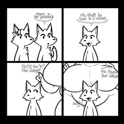 4_panel_comic accessory anthro belly big_belly big_breasts bow_ribbon breasts dialogue featureless_breasts female group hair_accessory hair_bow hair_ribbon huge_breasts huge_thighs male ribbons size_difference text thick_thighs wide_hips astonarts ambiguous_species mammal 1:1 2026 comic english_text hi_res monochrome