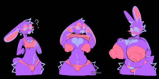 anthro areola bashful belly big_areola big_breasts big_eyes big_nipples biped blush blush_lines bottom_heavy breast_grab breast_growth breasts bulge butt cheek_tuft clothing confusion erection eyelashes facial_tuft fur genitals growth gynomorph hair hand_on_breast heart_(marking) huge_breasts huge_nipples hyper hyper_breasts hyper_nipples intersex leg_tuft lidded_eyes looking_at_self looking_away markings nipples penis presenting presenting_breasts purple_body purple_fur question_mark simple_background slightly_chubby solo surprised tail text thick_thighs thigh_tuft top_heavy touching_self tuft underwear weight_gain haulass pansy_(haulass) lagomorph leporid mammal rabbit 2026 artist_name digital_drawing_(artwork) digital_media_(artwork) hi_res portrait sequence three-quarter_portrait watermark busty_boy_(lore) male_(lore)