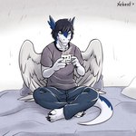 anthro barefoot bed beverage black_hair bottomwear clothing coffee coffee_mug eyes_closed feathered_wings feathers feet furniture grey_clothing grey_shirt grey_topwear hair male pants shirt sitting solo tail topwear wings nameless00 mythology clei dragon feathered_dragon feathered_scalie mythological_creature mythological_scalie scalie windragon 1:1