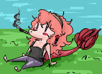 accessory anthro blush breasts chibi crossgender drugs female hair hair_accessory long_hair marijuana mtf_crossgender pink_body pink_hair sitting smoking solo toony unknown_artist cavemanon_studios goodbye_volcano_high ko_op_(game_developer) snoot_game reed_(gvh) reeda dinosaur dromaeosaurid prehistoric_species reptile saurischian scalie theropod velociraptor