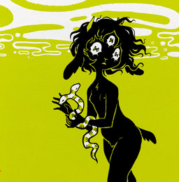 2_heads 3_eyes anthro black_body black_fur black_hair breasts butt crotch_tuft female feral flat_chested fur hair horn multi_eye multi_head nipples nude simple_background solo tail tuft yellow_background whoismonday monday_(whoismonday) bovid caprine goat mammal reptile scalie snake hi_res