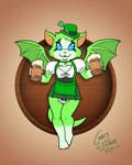 :3 alcohol anthro apron barmaid beer beer_mug beverage blue_eyes bottomless bowler_hat brown_background cheek_tuft chest_tuft choker clothed clothing clover_(plant) clover_leaf facial_tuft featureless_crotch female foam four_leaf_clover front_view gloves_(marking) green_apron green_clothing green_hair green_hat green_headwear hair hat headgear headwear heart_tag holding_beer_mug holidays jewelry leaf leg_markings legs_together looking_at_viewer markings membrane_(anatomy) membranous_wings necklace open_mouth plant simple_background smile socks_(marking) solo spread_wings thigh_gap tuft wings chris_sutor dust:_an_elysian_tail st._patrick's_day fan_character windchaser_(rnixon) bat mammal nimbat 2017 4:5 full-length_portrait hi_res portrait