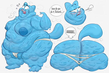 anthro areola belly blue_areola blue_body blue_fur blue_nipples bodily_fluids breasts breasts_apart breath butt camel_toe cellulite chubby_cheeks clothed clothing double_chin eyelashes fat_legs fat_neck female fur hand_on_belly mature_anthro mature_female morbidly_obese morbidly_obese_anthro morbidly_obese_female navel nipples obese obese_anthro obese_female open_mouth overweight overweight_anthro overweight_female panties panting simple_background solo standing sweat sweaty_belly sweaty_breasts sweaty_butt tail text topless torn_clothing torn_panties torn_underwear underwear whiskers white_background iamapoliceman cartoon_network the_amazing_world_of_gumball nicole_watterson domestic_cat felid feline felis mammal 2026 english_text hi_res