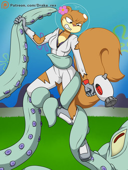 anthro clothing female fight flower flower_cloud_(spongebob) grass gun male outside plant ranged_weapon sky tail tentacles torn_clothing weapon drake-rex nickelodeon spongebob_squarepants sandy_cheeks squidward_tentacles aquatic cephalopod coleoid decapodiform mollusk squid 2023 3:4 hi_res