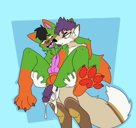 4_fingers 4_toes after_anal after_kiss after_sex animal_genitalia animal_penis ankle_tuft arm_around_neck arm_around_partner arm_tuft balls black_eyeliner black_hair blep blue_background blush blush_lines bodily_fluids brown_body brown_fur canine_genitalia canine_penis cheek_tuft chest_tuft claws cum cum_drip cum_from_ass cum_in_ass cum_inside dripping duo erection eye_contact eyeliner facial_tuft fangs feet finger_claws fingers from_behind_position full_nelson full_nelson_(legs_held) full_nelson_position fur genital_fluids genitals gloves_(marking) green_body green_fur grey_claws grey_nose hair hair_strand half-closed_eyes humanoid_genitalia humanoid_penis in_heat knot knotted_penis leg_markings leg_tuft looking_at_another looking_at_partner makeup male male/male markings mohawk multicolored_body narrowed_eyes neck_tuft nude orange_body orange_fur pawpads paws penis pink_penis pink_tongue purple_hair purple_penis purple_tongue raised_foot red_pawpads saliva saliva_drip saliva_string sex shoulder_tuft simple_background smile smirk smug smug_face smug_grin socks_(marking) standing tan_body tan_fur teeth toe_claws toes tongue tongue_out tuft white_body white_fur wrist_tuft yellow_claws xing1 fern_the_fox canid canine canis domestic_dog fox mammal shiba_inu spitz digital_media_(artwork) flat_colors hi_res