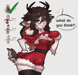 anthro biped breasts clothed clothed_anthro clothed_female clothing female front_view fur hair horn looking_at_viewer smile solo standing tail tongue praquina strip_meme bovid caprine goat mammal hi_res