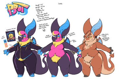 anthro big_ears bottomwear bovid_horn brown_body brown_fur caprine_horn clothing eyeshadow fur hair horn jacket leather leather_bottomwear leather_clothing leather_jacket leather_pants leather_topwear long_hair long_tail looking_at_viewer makeup male mane pants pubes ram_horn short smile solo tail text topwear wings boot_(artist) boot_(character) bat bovid caprine goat mammal unknown_species 2019 english_text hi_res model_sheet