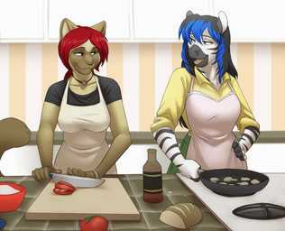 anthro appliance board bottle bread container cooking cutting duo edible_mushroom female food fruit fungus fur hair knife mushroom plant portobello_mushroom stove stripes tomato jailbird lauren_rivers domestic_cat equid equine felid feline felis mammal zebra digital_media_(artwork) shaded
