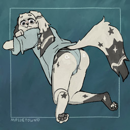 anthro blush briefs bulge bulge_from_behind butt clothing digitigrade dipstick_tail floppy_ears fur glistening glistening_butt grey_body grey_fur kneeling looking_at_viewer male markings oversized_clothing oversized_shirt oversized_topwear pawpads presenting presenting_hindquarters raised_tail shirt simple_background solo star_(marking) tail tail_markings teal_briefs teal_clothing teal_shirt teal_topwear teal_underwear tired tired_eyes topwear underwear white_body white_fur mollietown canid canine canis domestic_dog mammal 1:1 absurd_res hi_res