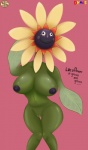 alternate_form big_breasts breasts dialogue eyelashes female genitals huge_breasts nipples not_furry nude pink_background plant pussy simple_background smile solo text flowerfondler don't_hug_me_i'm_scared elemental_creature flora_fauna humanoid english_text