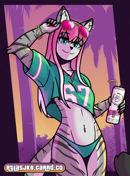 :3 alcohol anthro arm_tuft bangs belly beverage bikini bikini_bottom black_nose bottomwear bracelet clothed clothing countershade_belly countershade_face countershade_legs countershade_tail countershade_thighs countershade_torso countershading crop_top dipstick_ears dipstick_tail drinking_straw ear_markings ear_piercing ear_tuft elbow_tuft eyeshadow eyewear eyewear_on_head female fur gold_(metal) gold_jewelry gradient_hair green_bottomwear green_clothing green_eyes green_topwear grey_body grey_fur hair heart_symbol holding_beverage holding_eyewear holding_object holding_sunglasses jewelry long_hair looking_at_viewer makeup markings multicolored_ears navel navel_piercing necklace nipple_piercing_outline no_bra outside palm_tree pawpads piercing pink_hair pink_pawpads plant shirt solo standing striped_body stripes sunglasses sunglasses_on_head sunset swimwear tail tail_markings text topwear tree tuft two-piece_swimsuit wearing_sunglasses white_hair atlas_jkb gta_vi_cover_girl anya_(atlas_jkb) domestic_cat felid feline felis mammal tabby_cat absurd_res english_text halftone hi_res shaded watermark