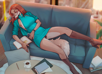 anthro biped book boots breasts cellphone claws clothed clothed_anthro clothed_female clothing coffee_cup container cup electronics eyebrows eyelashes eyes_closed eyewear female fingers footwear fur furniture glasses hair high_heeled_boots high_heels inside lying olo on_back on_sofa panties pencil_(object) phone shoes sleeping sofa tail tired underwear upskirt mergremil illumination_entertainment sing_(movie) suki_lane canid canine canis domestic_dog hunting_dog mammal saluki sighthound 2026 digital_drawing_(artwork) digital_media_(artwork) hi_res