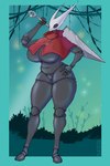 2_horns anthro big_breasts biped bottomless bottomless_female breasts clothed clothing female holding_melee_weapon holding_object holding_sword holding_weapon horn huge_breasts melee_weapon slightly_chubby slightly_chubby_female solo sword weapon bluecat1337 hollow_knight team_cherry hornet_(hollow_knight) arthropod hornet hymenopteran insect vespid wasp 2024 absurd_res hi_res