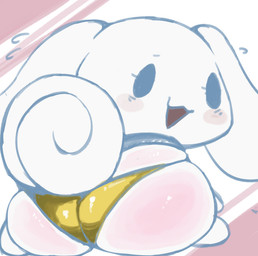ambiguous_anthro ambiguous_gender anthro big_butt big_ears bikini bikini_bottom bikini_bottom_only blue_eyes blush body_blush butt butt_blush clothed clothed_ambiguous clothed_anthro clothing emanata floppy_ears gold_bikini looking_at_viewer looking_back looking_back_at_viewer lop_ears monotone_body noseless open_mouth panties presenting presenting_hindquarters simple_background simple_eyes sitting solo swimwear tail topless two-piece_swimsuit underwear white_body vono cinnamoroll golden_week sanrio cinnamon_(cinnamoroll) canid canine canis domestic_dog mammal 2026 digital_drawing_(artwork) digital_media_(artwork) full-length_portrait hi_res portrait male_(lore)