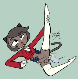 ahegao anal anthro blush blush_stickers bodily_fluids bottomless clothed clothing cute_fangs disembodied_penis duo eye_roll fangs femboy genital_fluids genitals gloves hair handwear holding_leg leggings legwear looking_pleasured male male/male male_penetrated male_penetrating male_penetrating_male penetration penis precum red_clothing red_suit sex simple_background solo_focus suit teeth tongue tongue_out translucent translucent_hair wayesh cartoon_network ok_k.o.!_let's_be_heroes purrcival domestic_cat felid feline felis mammal 2021 dated hi_res signature