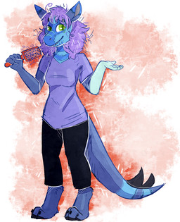 anthro barefoot black_bottomwear black_clothing black_pants blue_body bottomwear breasts brush clothed clothing digitigrade feet female fully_clothed gesture green_eyes grey_inner_ear hair hairbrush hindpaw holding_brush holding_hairbrush holding_object long_hair messy_hair pants paws purple_clothing purple_hair purple_shirt purple_topwear shirt shrug snout solo spiked_tail spikes spikes_(anatomy) standing tail topwear crownedvictory species_request 2015 colored_sketch digital_drawing_(artwork) digital_media_(artwork) full-length_portrait portrait sketch