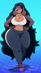 anthro big_breasts biped bottomwear bouncing_breasts breast_jiggle breasts cleavage clothed clothing female front_view hair huge_thighs jiggling long_hair looking_at_viewer navel pants pupils shirt simple_background smile solo thick_thighs topwear walking wide_hips kirumo-kat canid canine canis domestic_dog mammal 2025 2d_animation animated frame_by_frame short_playtime