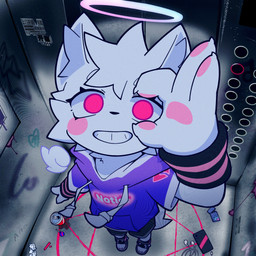 anthro beverage_can blush candy clothing dessert elevator food fur halo hoodie lollipop looking_at_viewer male pink_eyes purple_clothing purple_hoodie purple_topwear slim slim_male smile smiling_at_viewer solo summoning_circle topwear trash white_body white_fur yunbucai canid canine canis mammal wolf 1:1 absurd_res hi_res