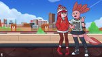 anthro blue_eyes boots bottomwear city clothed clothing duo female footwear fully_clothed hand_in_pocket hands_in_both_pockets hoodie legwear pink_eyes pockets rooftop shoes skirt sneakers socks topwear wazzaldorp real_axolotl_hours axey_(wazzaldorp) koi-chan amphibian amur_carp axolotl carp cyprinid cypriniform fish koi marine mole_salamander salamander typical_carp 16:9 2019 hi_res widescreen