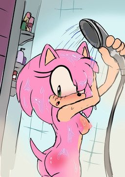 anthro bathing breasts butt dildo eyelashes female green_eyes humanoid_dildo nipples nude nude_female pink_body pink_nipples sex_toy shower shower_head shower_stall showering solo steam tail tan_body tan_skin wet wet_body cintra_(artist) sega sonic_the_hedgehog_(series) amy_rose eulipotyphlan hedgehog mammal hi_res