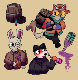 alcohol ambiguous_gender anthro barrel beverage clothed clothing drunk fur group open_mouth simple_background substance_intoxication tail trio wine yellow_eyes thegunkster canid canine domestic_cat felid feline felis fox lagomorph leporid mammal rabbit digital_media_(artwork) hi_res shaded