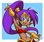 blue_eyes breasts brown_body brown_skin clothing ear_piercing ear_ring female hair humanoid_pointy_ears long_hair navel not_furry open_mouth open_smile piercing pointy_ears ponytail pose purple_hair ring_piercing smile solo teeth iseenudepeople shantae_(series) wayforward shantae genie humanoid 2021 absurd_res hi_res signature