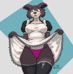 anthro biped bottomwear breasts camel_toe clothed clothing clothing_lift female female_anthro fur maid_uniform raised_bottomwear raised_clothing raised_skirt simple_background skirt skirt_lift solo topwear underwear uniform delta_dewitt beastars juno_(beastars) canid canine canis mammal wolf digital_media_(artwork) hi_res