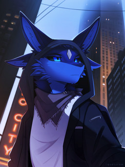 4_ears anthro backpack black_backpack black_clothing black_hoodie black_sclera black_topwear blue_body blue_eyes cheek_tuft city city_background clothed clothing countershade_face countershading facial_tuft furgonomic_headwear furgonomic_hood furgonomics hood hood_up hoodie kerchief looking_away male multi_ear neckerchief neckwear obscured_text outside solo topwear tuft zipper if-fi benze avali 2025 absurd_res digital_media_(artwork) half-length_portrait hi_res portrait signature
