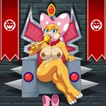 1:1 2015 accessory anthro areola biped blue_eyes bodily_fluids bow_(feature) bow_accessory bow_ribbon breasts cane centered_hair_bow chair claws clothing female footwear furniture hair_accessory hair_bow hair_ribbon hi_res high_heels jewelry koopa koopaling licking looking_at_viewer mario_bros necklace nintendo nipples non-mammal_breasts nude ribbons saliva scalie shoes sitting solo suggestive thegeckoninja throne toe_claws tongue tongue_out wendy_o._koopa