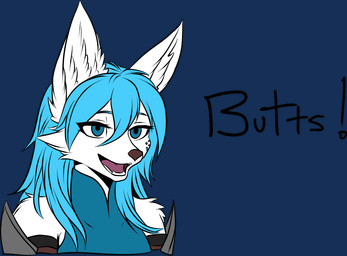 anthro armor blue_clothing blue_eyes clothing dialogue female front_view happy markings smile solo snowiefeather thermia_(character) canid canine canis fox hybrid mammal wolf 2025 alpha_channel colored digital_drawing_(artwork) digital_media_(artwork) reaction_image