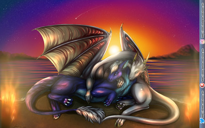 ambiguous_gender anthro cuddling duo evening feral fur outside romantic romantic_couple shooting_star sky star starry_sky sunset tail tail_tuft tuft water isuna mythology dragon furred_dragon furred_scalie mythological_creature mythological_scalie scalie hi_res shaded