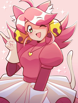 ahoge animal_ears bottomwear breasts clothed clothed_female clothing female fully_clothed fully_clothed_female gesture gloves hair hair_bell hand_gesture handwear heart_necklace inner_ear_fluff one_eye_closed open_mouth pink_clothing pink_hair pink_topwear skirt solo tail topwear tuft v_sign white_bottomwear white_clothing white_gloves white_handwear white_skirt pxyton_0x deltarune undertale_(series) mew_mew_(undertale) pink_(deltarune) animal_humanoid cat_humanoid felid felid_humanoid feline feline_humanoid humanoid mammal mammal_humanoid 2026 3:4 absurd_res half-length_portrait hi_res portrait