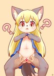 anthro anus blonde_hair blush bodily_fluids bottomless cervix clitoris clothed clothing clothing_lift confusion crouching cute_fangs disembodied_hand dress dress_lift duo fangs female flat_chested genital_fluids genitals hair humanoid_genitalia humanoid_pussy loli naive navel open_mouth presenting presenting_pussy pussy question_mark red_eyes simple_background solo_focus spread_legs spread_pussy spreading teeth urethra vaginal_fluids yellow_background young young_anthro hirame42 futaba_channel akuma_gaoru canid canine canis mammal wolf absurd_res hi_res