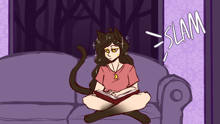 3_toes animal_ears animal_feet barefoot biped black_eyebrows black_hair book clothed clothed_female clothed_humanoid clothing eyebrows facial_markings feet female front_view furniture hair head_markings holding_book holding_object inside light_body light_skin long_hair looking_at_book looking_at_object markings medium_comic moon_pendant mouth_closed on_sofa onomatopoeia open_book pupils reading reading_book red_clothing red_shirt red_topwear shirt sitting sitting_on_sofa slit_pupils sofa solo sound_effects sparkles sparkling_hair tail text thin_eyebrows toes topwear wall_(structure) white_sclera yellow_eyes yellow_markings kiingkiismet animal_humanoid felid felid_humanoid feline feline_humanoid humanoid mammal mammal_humanoid 16:9 2021 comic digital_drawing_(artwork) digital_media_(artwork) english_text first_page flat_colors full-length_portrait hi_res portrait widescreen