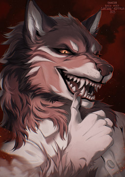 anthro brown_body brown_fur brown_nose clothed clothing fangs front_view fur male male_anthro open_mouth orange_eyes sharp_teeth simple_background solo teeth text topwear white_body white_clothing white_fur white_topwear santanahoffman canid canine mammal 2025 artist_name bust_portrait dated hi_res portrait
