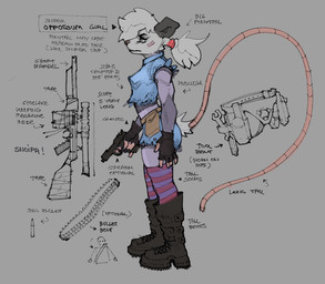 anthro athletic athletic_female band-aid bandage boots bottomwear bullet bullet_belt clothing crop_top denim denim_clothing female fingerless_gloves footwear gloves gun hair handgun handwear hotpants legwear muscular muscular_female neutral_expression ponytail ranged_weapon rifle scope shirt shoes shorts side_view simple_background sniper sniper_rifle socks solo standing tape text thigh_highs tool_belt tools topwear weapon syn-6 american_opossum mammal marsupial concept_art english_text sketch