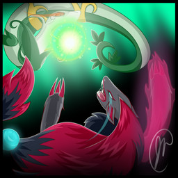 ambiguous_gender anthro attack battle black_body black_fur bodily_fluids claws duo feral fur glowing glowing_eyes green_body green_markings grey_body grey_fur hair head_markings markings open_mouth pupils red_body red_claws red_eyes red_fur red_hair saliva slit_pupils teeth tongue tuft white_body junavision nintendo pokemon canid canine generation_5_pokemon mammal pokemon_(species) reptile scalie serperior zoroark 1:1 2020 absurd_res hi_res