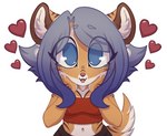 anthro biped blue_eyes blue_hair bottomwear brown_bottomwear brown_clothing clothing countershade_face countershade_fur countershade_tail countershade_torso countershading female fur gradient_hair hair hand_on_cheek heart_symbol inner_ear_fluff midriff navel orange_body orange_fur red_clothing red_topwear simple_background solo tail topwear tuft white_background white_body white_fur white_inner_ear_fluff onomari mitzi_(onomari) felid feline mammal digital_media_(artwork) half-length_portrait hi_res portrait shaded