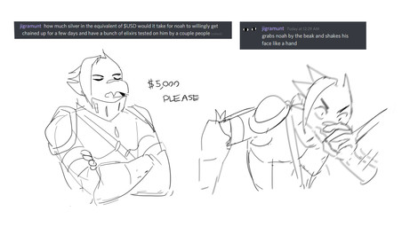 ambiguous_gender anthro armor band-aid band-aid_on_beak bandage beak beak_grab clothed clothed_anthro clothing crossed_arms currency_symbol dialogue dollar_sign duo eyes_closed humor motion_blur motion_lines open_mouth symbol text notglacier discord_(app) noah_(notglacier) avian dinosaur hybrid prehistoric_species reptile scalie 2020 black_and_white digital_drawing_(artwork) digital_media_(artwork) english_text half-length_portrait hi_res monochrome portrait sketch