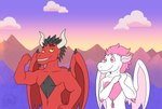 2_horns anthro arm_spikes arm_tuft biped black_spikes blush cheek_spikes chest_spike closed_smile cloud cloudy_sky duo ear_tuft elbow_tuft eyebrow_spikes facial_spikes femboy flexing flexing_bicep grinning_at_viewer hair hand_on_hip hand_on_own_hip head_spikes heart_on_body heart_pupils holding_own_hand horn humanoid_pointy_ears looking_at_another looking_at_viewer love male male/male membrane_(anatomy) membranous_wings mountain mouth_closed muscular muscular_male navel non-mammal_navel outside pink_hair purple_sky red_body red_scales scales shoulder_spikes sky smile spikes spikes_(anatomy) tuft white_body white_scales wing_spikes wings yellow_sclera patatarte european_mythology mythology six_legends foam_(six_legends) junior_(six_legends) dragon mythological_creature mythological_scalie scalie western_dragon winged_dragon 2023 digital_drawing_(artwork) digital_media_(artwork) half-length_portrait portrait signature