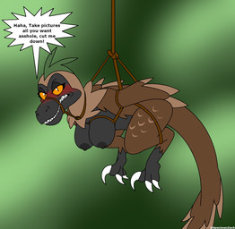 angry annoyed anthro areola bdsm black_body black_countershading black_nipples blush bondage bound breasts brown_body brown_feathers claws countershading dialogue feathers female hanging_breasts muzzle_(object) muzzled nipples non-mammal_breasts non-mammal_nipples pointy_speech_bubble profanity restraints rope rope_bondage scales sickle_claw simple_background solo speech_bubble tail text toe_claws trapped specimenzach vera_(specimenzach) dinosaur dromaeosaurid feathered_dinosaur feathered_scalie prehistoric_species reptile saurischian scalie theropod velociraptor artist_name english_text hi_res