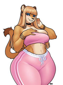 anthro bangs bedroom_eyes big_breasts biped blue_eyes blue_eyeshadow bottomwear bracelet breasts choker clothed clothing dipstick_ears dipstick_tail ear_markings ear_piercing ear_ring eyelashes eyeshadow female fur hair jewelry long_hair makeup markings midriff multicolored_body multicolored_ears narrowed_eyes navel necklace pants piercing pink_clothing pupils ring_piercing seductive smile solo tail tail_markings tan_body tan_fur thick_thighs wide_hips blazbaros felid mammal pantherine 2025 3:4 hi_res