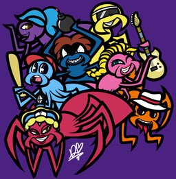 baseball_bat bat_(object) blonde_hair blue_body blue_eyes blue_hair blue_skin bomb brown_hair clothing electric_guitar explosives eyewear female guitar hair hat headgear headwear male musical_instrument one_eye_closed orange_body orange_skin pink_body pink_skin plucked_string_instrument purple_body purple_skin queen red_body red_skin royalty string_instrument sunglasses wink yellow_body yellow_eyes yellow_skin duckydeathly spider_stompin' arachnid arthropod spider